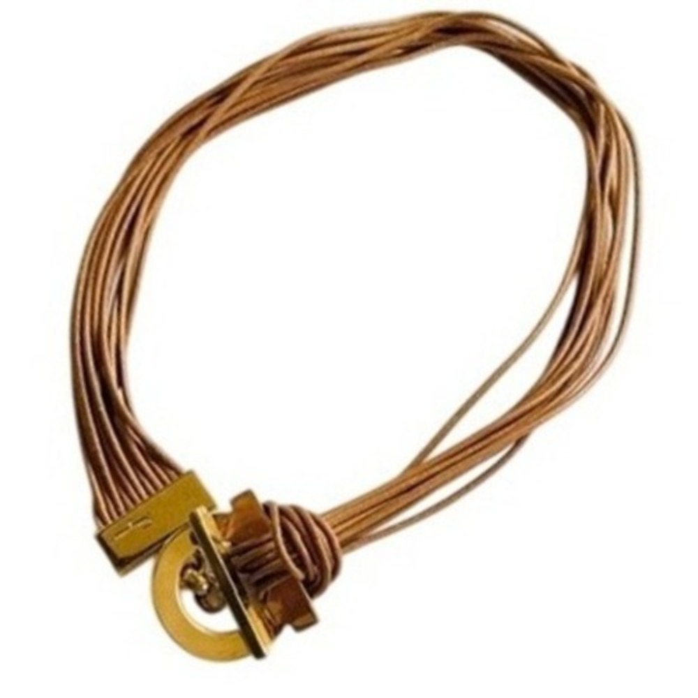 VTG Ferragamo Logo Necklace Leather Cord Choker Gancini‎ Collar statement Gold